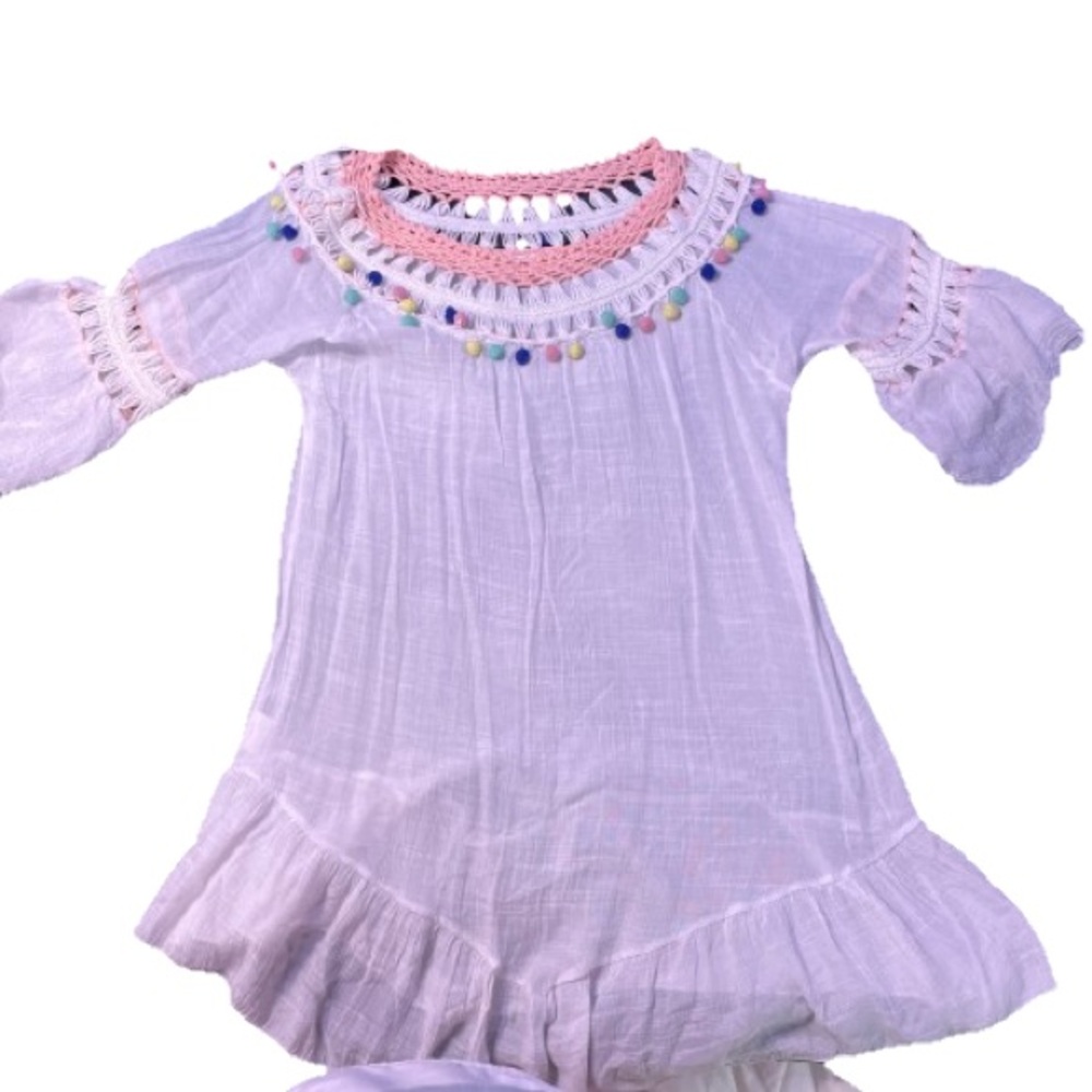 White Swimsuit Cover with Pink Crochet and Colorful Pom Poms